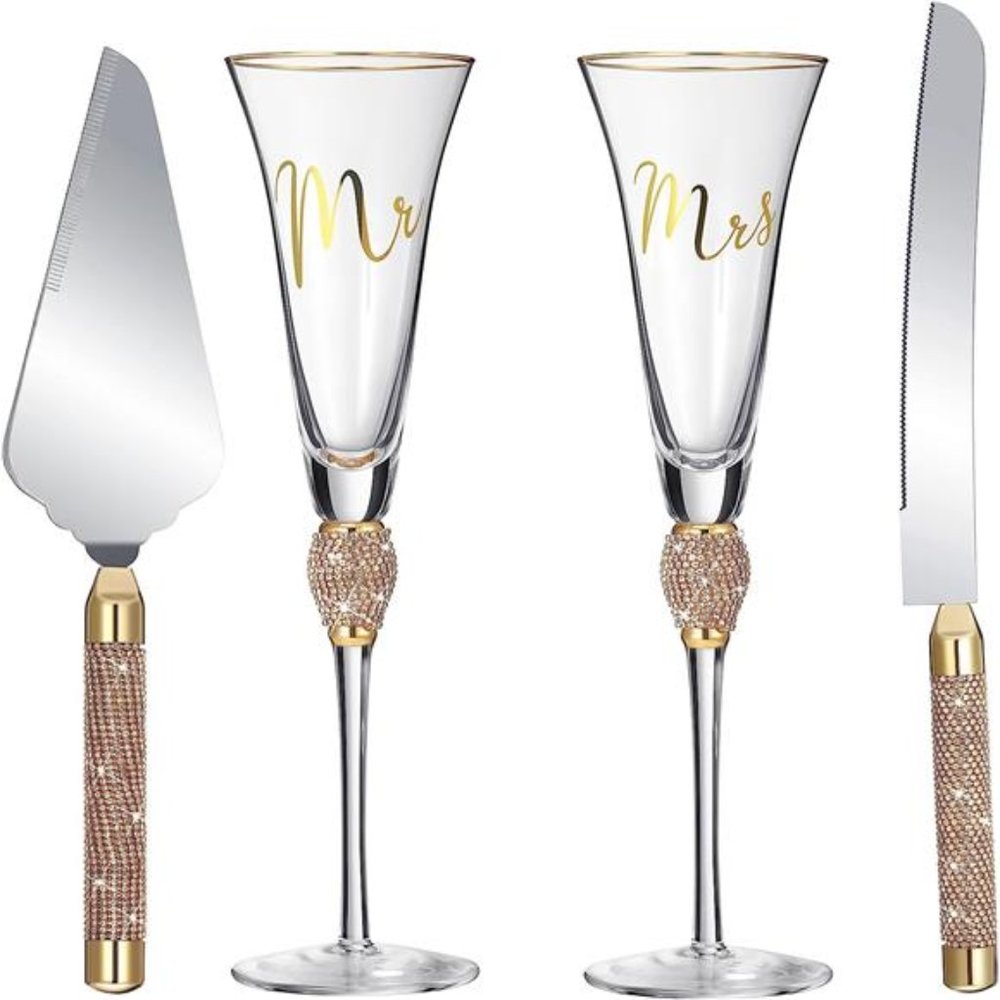 4 Piece Wedding Toasting Flutes and Cake Server Set Wedding Reception Supplies
